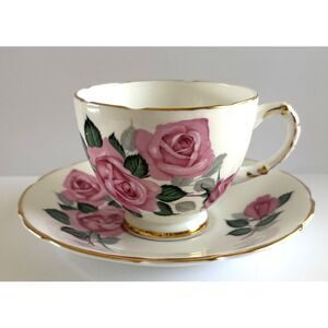 Delphine Bone China Teacup Saucer England Pink Roses Gold Trim Floral VTG Set